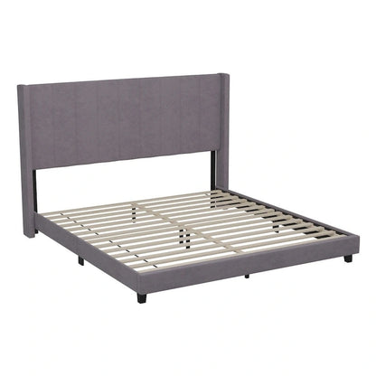 Lit plateforme capitonné en velours avec dossier ailé – Émeraude / Gris / Marine, Grand lit / Très grand lit, 2 personnes