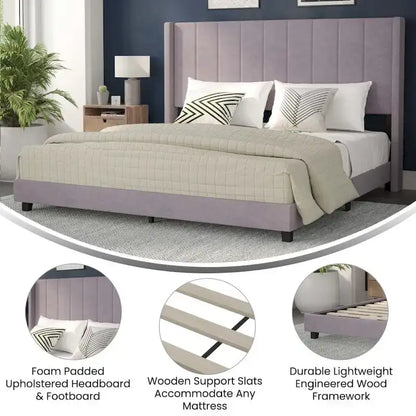 Lit plateforme capitonné en velours avec dossier ailé – Émeraude / Gris / Marine, Grand lit / Très grand lit, 2 personnes