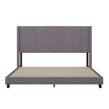 Lit plateforme capitonné en velours avec dossier ailé – Émeraude / Gris / Marine, Grand lit / Très grand lit, 2 personnes