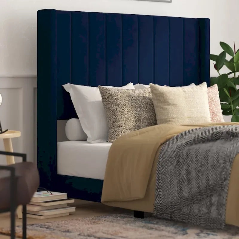 Lit plateforme capitonné en velours avec dossier ailé – Émeraude / Gris / Marine, Grand lit / Très grand lit, 2 personnes