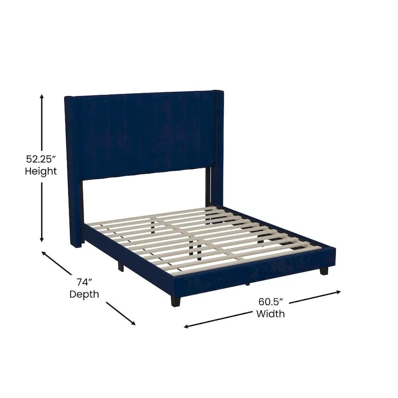 Lit plateforme capitonné en velours avec dossier ailé – Émeraude / Gris / Marine, Grand lit / Très grand lit, 2 personnes