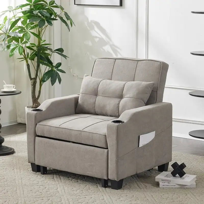 Fauteuil convertible 3-en-1 en lin – Gris verdâtre / Bleu-gris / Noir, Lit simple
