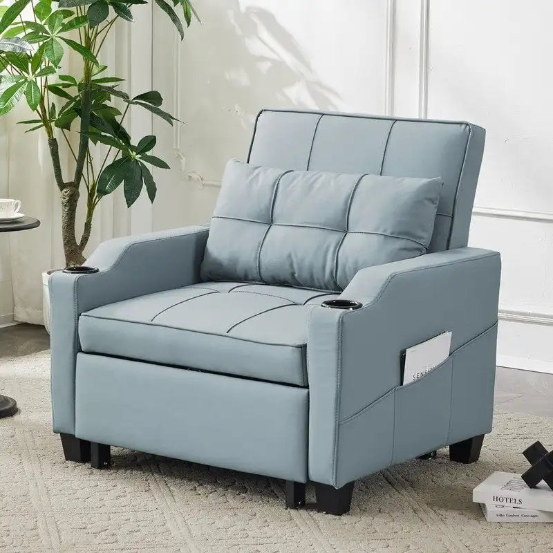 Fauteuil convertible 3-en-1 en lin – Gris verdâtre / Bleu-gris / Noir, Lit simple