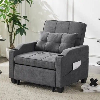 Fauteuil convertible 3-en-1 en lin – Gris verdâtre / Bleu-gris / Noir, Lit simple