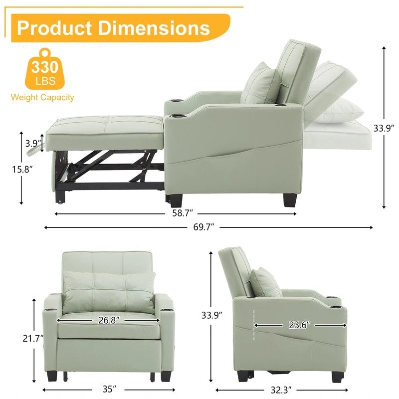 Fauteuil convertible 3-en-1 en lin – Gris verdâtre / Bleu-gris / Noir, Lit simple
