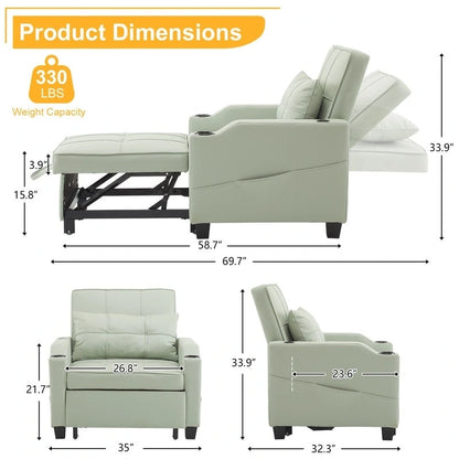 Fauteuil convertible 3-en-1 en lin – Gris verdâtre / Bleu-gris / Noir, Lit simple