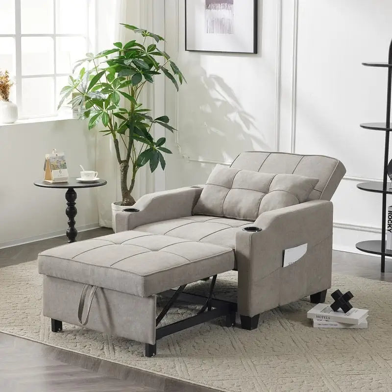 Fauteuil convertible 3-en-1 en lin – Gris verdâtre / Bleu-gris / Noir, Lit simple