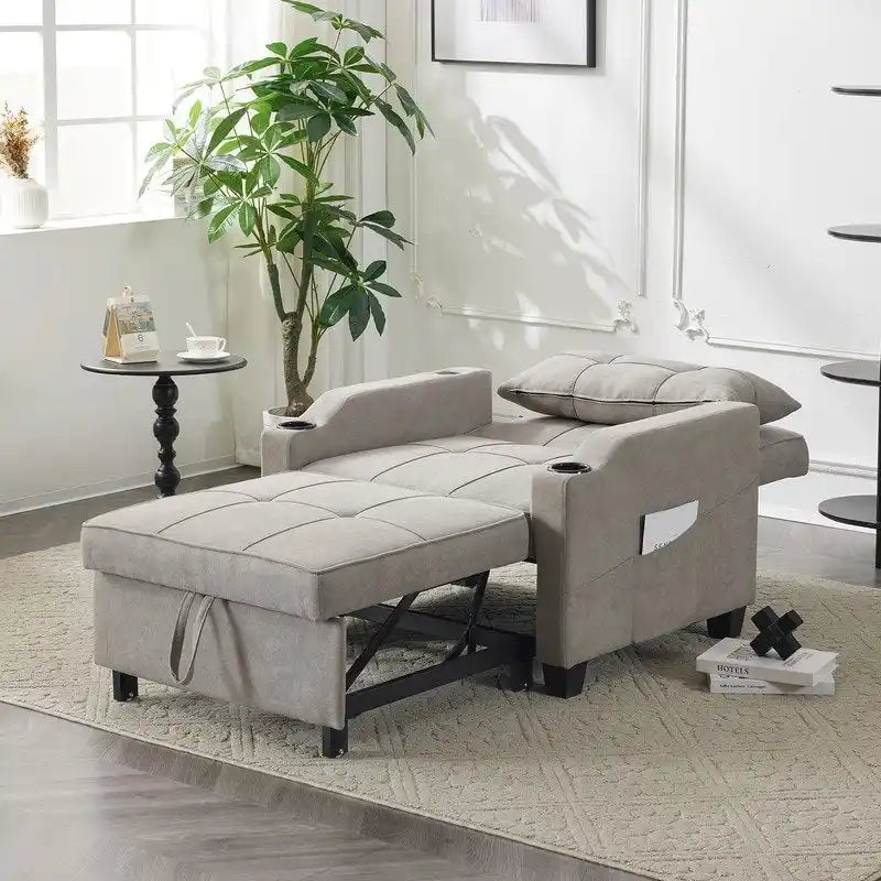 Fauteuil convertible 3-en-1 en lin – Gris verdâtre / Bleu-gris / Noir, Lit simple