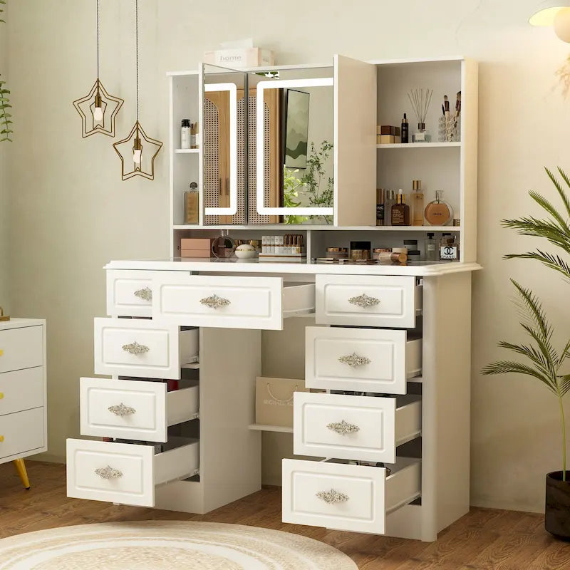 Coiffeuse avec miroir LED et 9 tiroirs – Blanc, un seul utilisateur