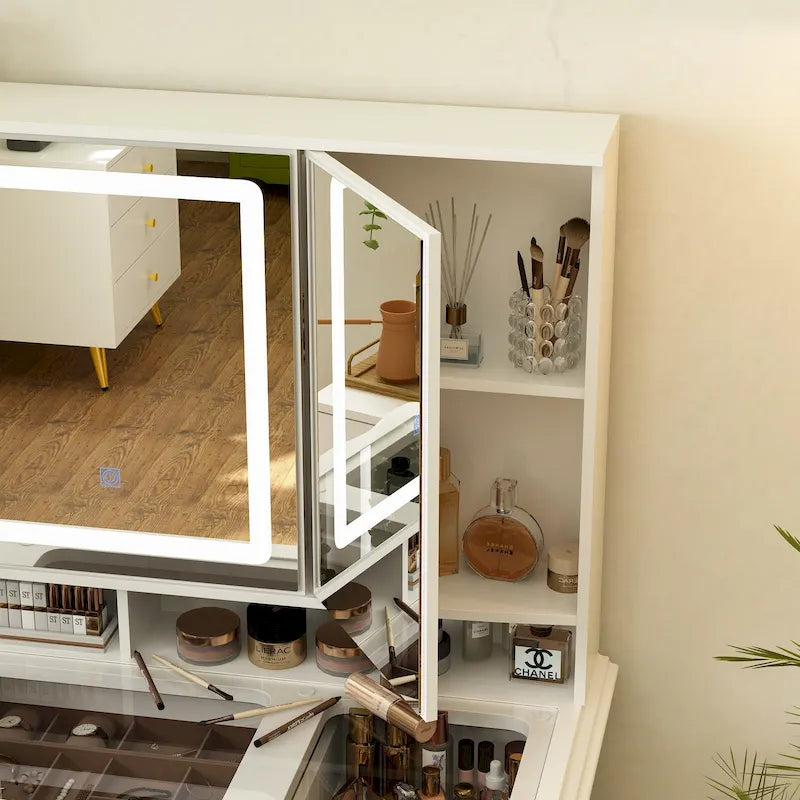 Coiffeuse avec miroir LED et 9 tiroirs – Blanc, un seul utilisateur