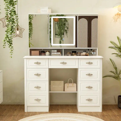 Coiffeuse avec miroir LED et 9 tiroirs – Blanc, un seul utilisateur