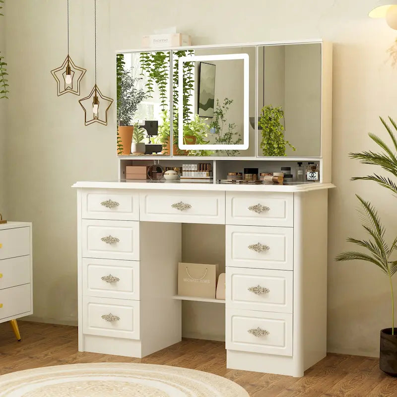 Coiffeuse avec miroir LED et 9 tiroirs – Blanc, un seul utilisateur