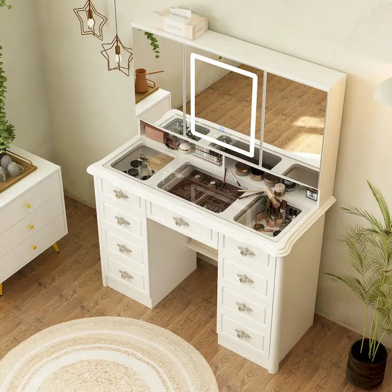 Coiffeuse avec miroir LED et 9 tiroirs – Blanc, un seul utilisateur