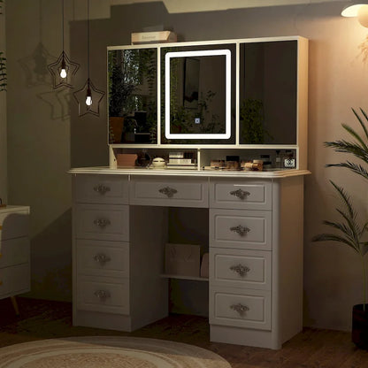 Coiffeuse avec miroir LED et 9 tiroirs – Blanc, un seul utilisateur