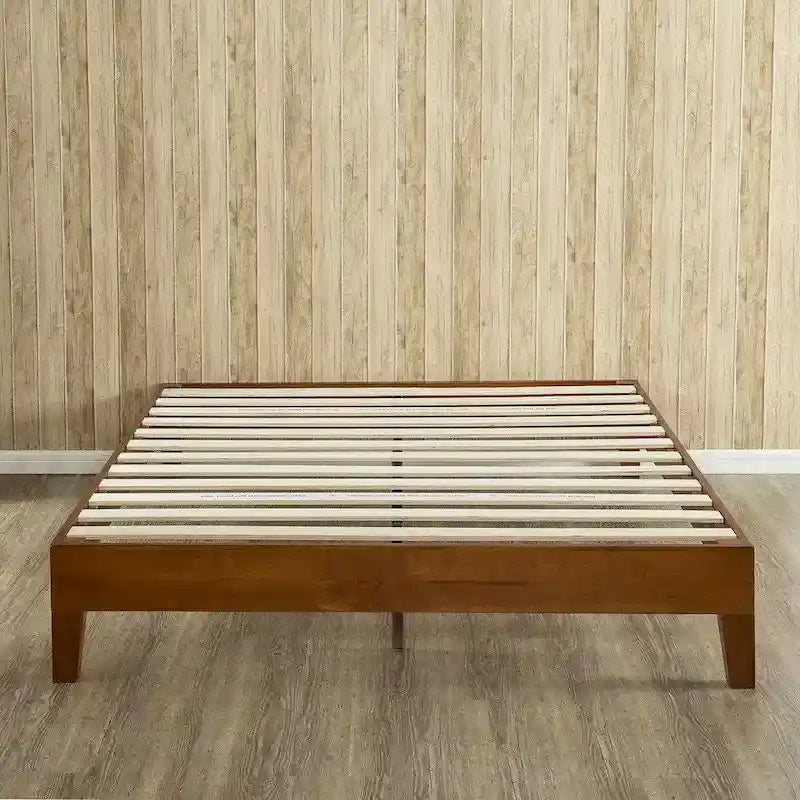 Lit plateforme double en acier et bois – Marron, lattes, hauteur 12 po