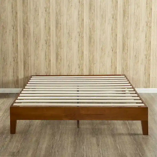 Lit plateforme double en acier et bois – Marron, lattes, hauteur 12 po