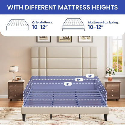 Lit plateforme capitonné en lin – Beige / Gris, Queen / King, 2 personnes