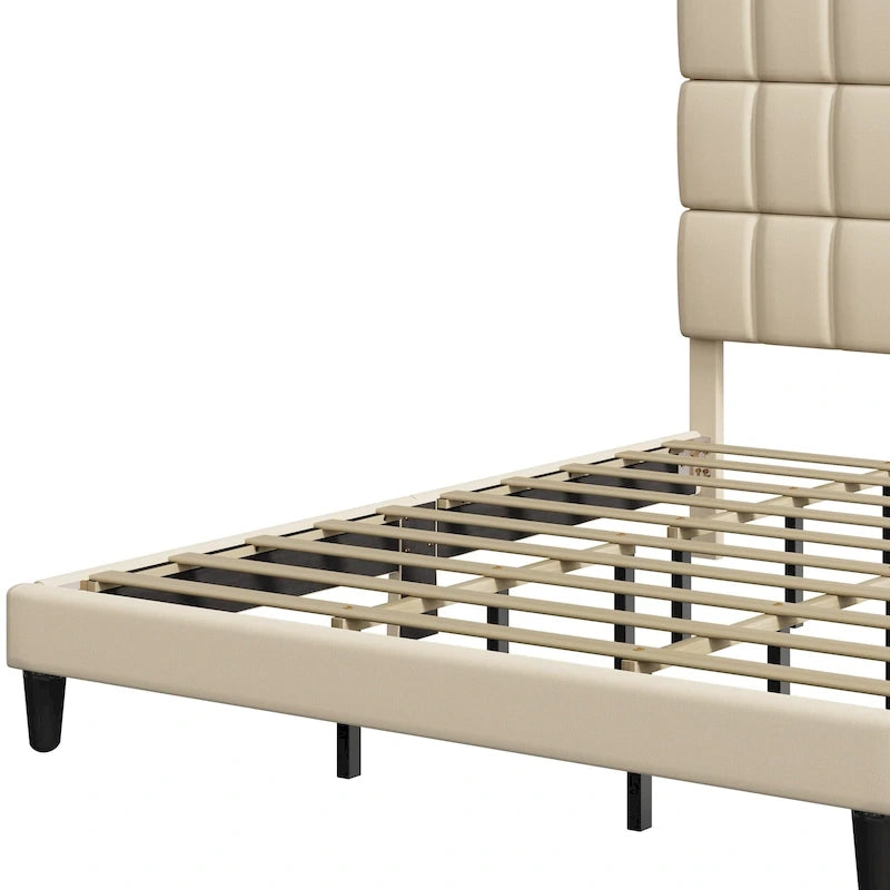 Lit plateforme capitonné en lin – Beige / Gris, Queen / King, 2 personnes