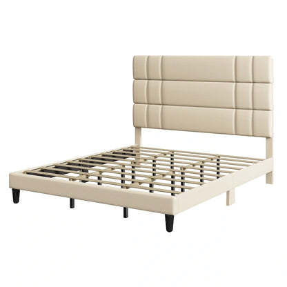 Lit plateforme capitonné en lin – Beige / Gris, Queen / King, 2 personnes