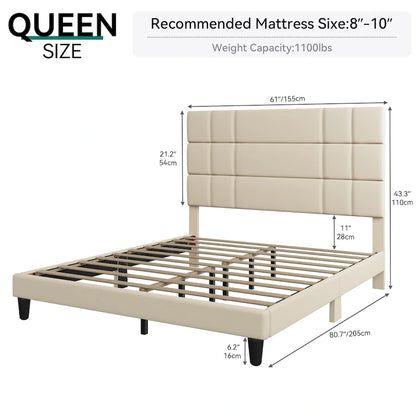 Lit plateforme capitonné en lin – Beige / Gris, Queen / King, 2 personnes