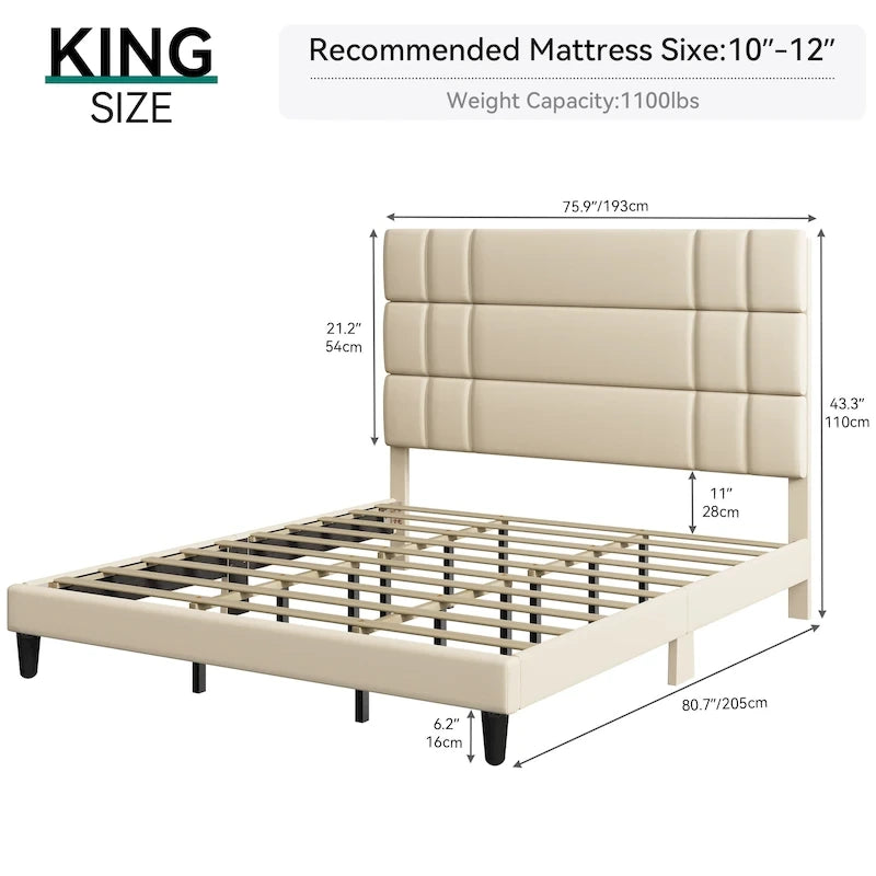 Lit plateforme capitonné en lin – Beige / Gris, Queen / King, 2 personnes