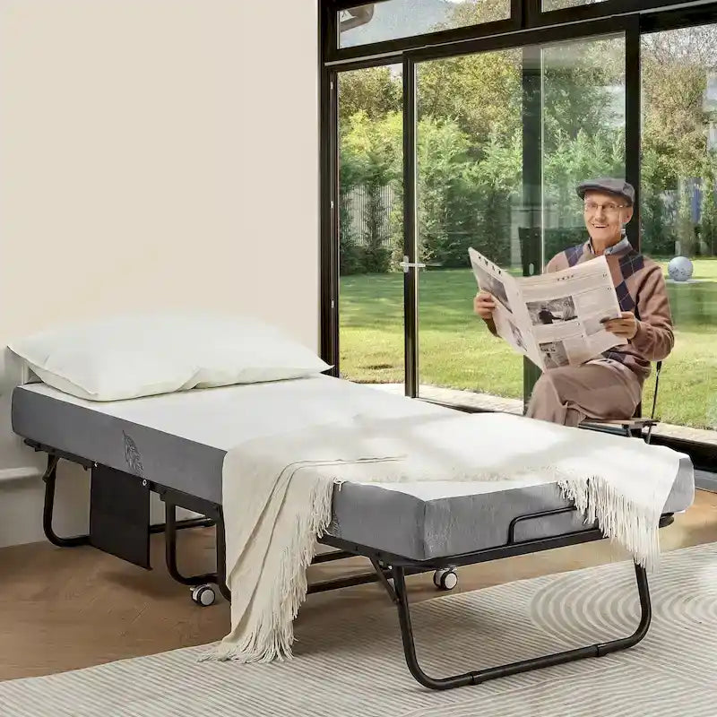 Lit pliant en acier avec matelas en mousse à mémoire de forme de 5 po – Lit jumeau/jumeau XL, simple, portable avec roulettes