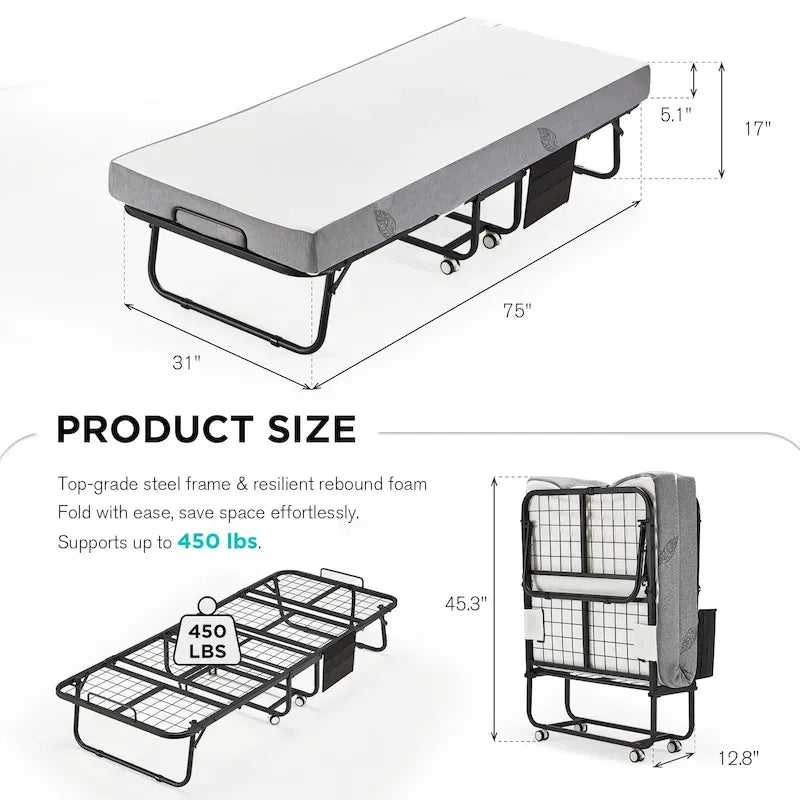 Lit pliant en acier avec matelas en mousse à mémoire de forme de 5 po – Lit jumeau/jumeau XL, simple, portable avec roulettes