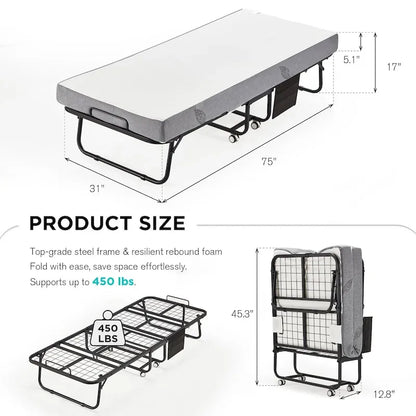 Lit pliant en acier avec matelas en mousse à mémoire de forme de 5 po – Lit jumeau/jumeau XL, simple, portable avec roulettes