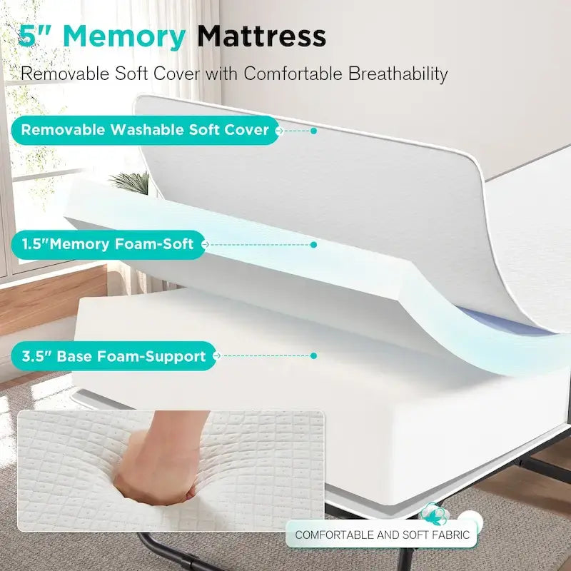 Lit pliant en acier avec matelas en mousse à mémoire de forme de 5 po – Lit jumeau/jumeau XL, simple, portable avec roulettes