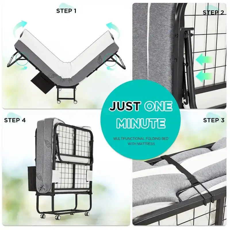 Lit pliant en acier avec matelas en mousse à mémoire de forme de 5 po – Lit jumeau/jumeau XL, simple, portable avec roulettes