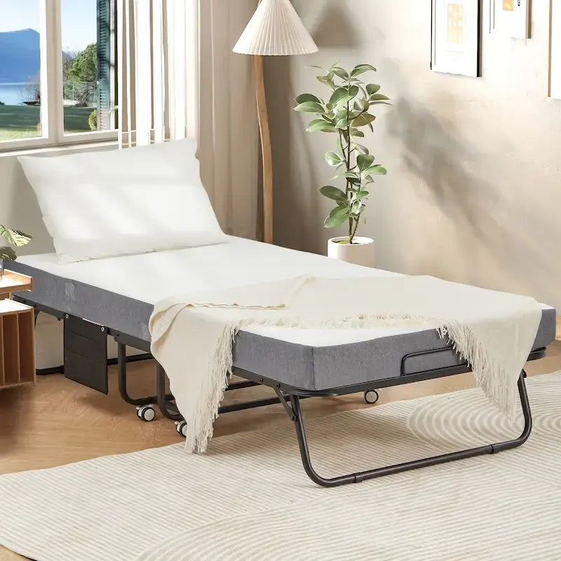 Lit pliant en acier avec matelas en mousse à mémoire de forme de 5 po – Lit jumeau/jumeau XL, simple, portable avec roulettes