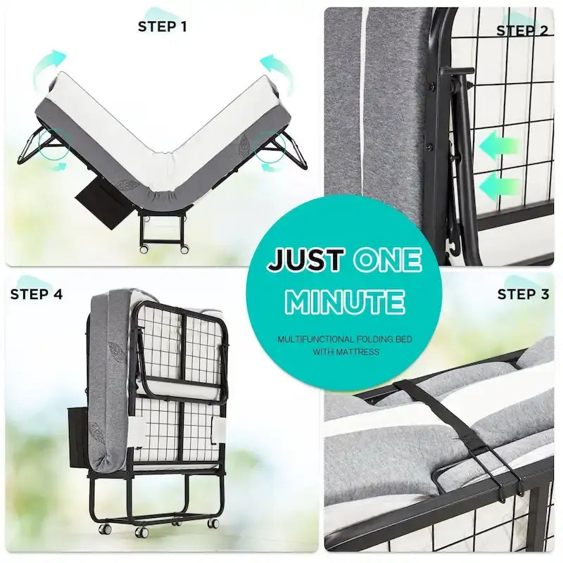 Lit pliant en acier avec matelas en mousse à mémoire de forme de 5 po – Lit jumeau/jumeau XL, simple, portable avec roulettes