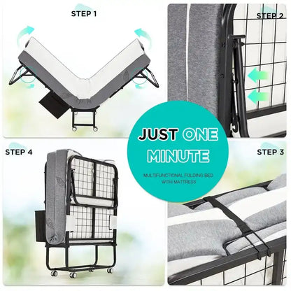 Lit pliant en acier avec matelas en mousse à mémoire de forme de 5 po – Lit jumeau/jumeau XL, simple, portable avec roulettes