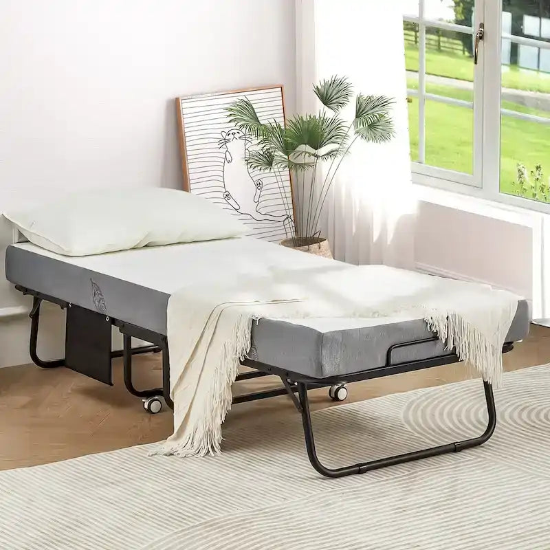 Lit pliant en acier avec matelas en mousse à mémoire de forme de 5 po – Lit jumeau/jumeau XL, simple, portable avec roulettes