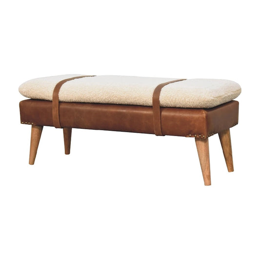 Banc en cuir bouclé et peau de buffle – Pieds en chêne, design à sangles