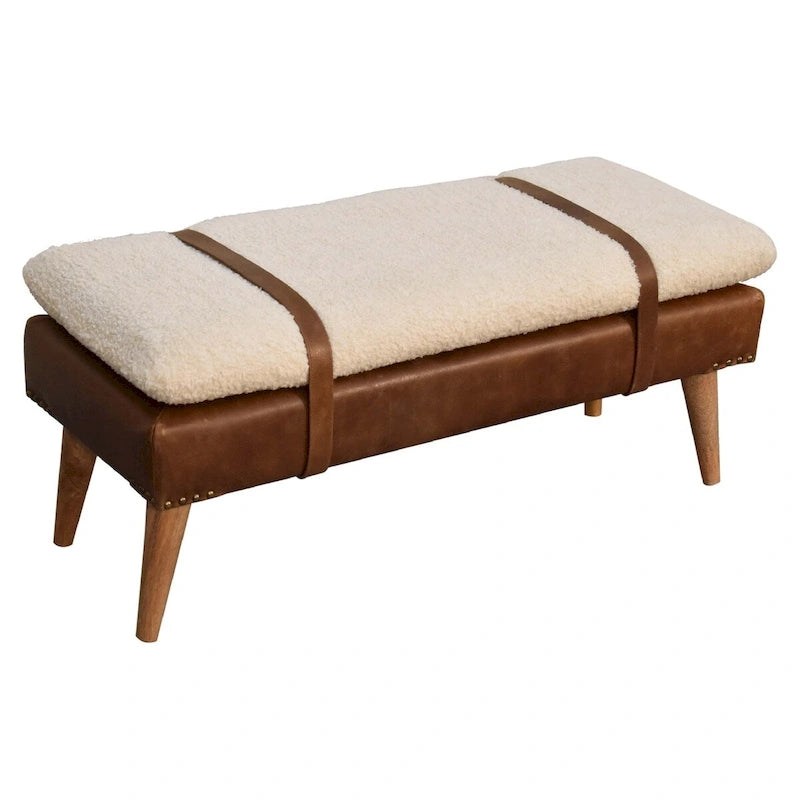 Banc en cuir bouclé et peau de buffle – Pieds en chêne, design à sangles
