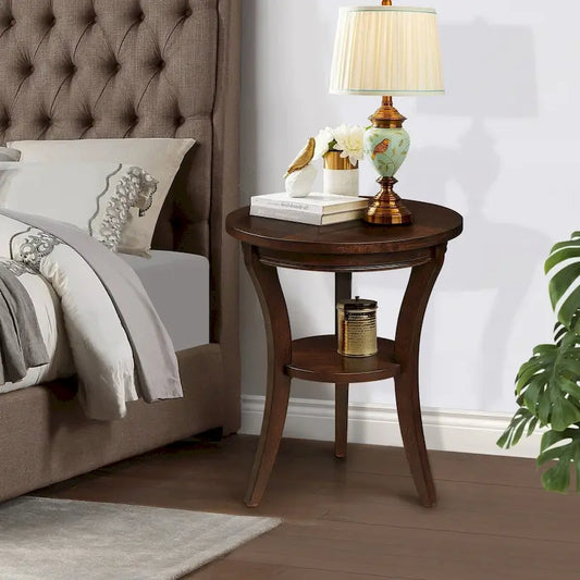Table d'appoint ronde en bois avec étagère ouverte – Expresso, MDF et bois d'hévéa