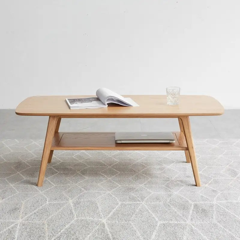 Table basse en chêne massif à 2 niveaux – Naturelle, pieds fuselés, 3 tailles