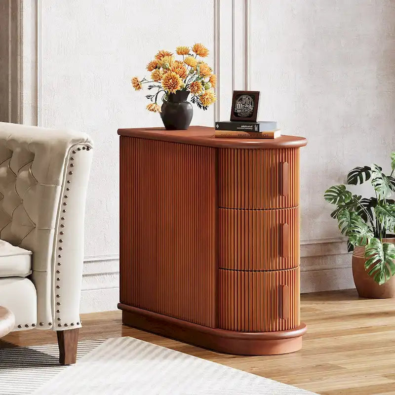 Table d'appoint semi-ovale à 3 tiroirs en bois massif – Noyer / Blanc, détail ligne romaine