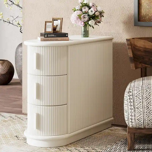 Table d'appoint semi-ovale à 3 tiroirs en bois massif – Noyer / Blanc, détail ligne romaine