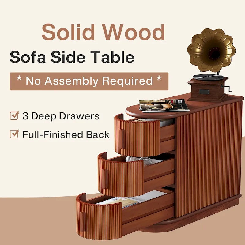 Table d'appoint semi-ovale à 3 tiroirs en bois massif – Noyer / Blanc, détail ligne romaine