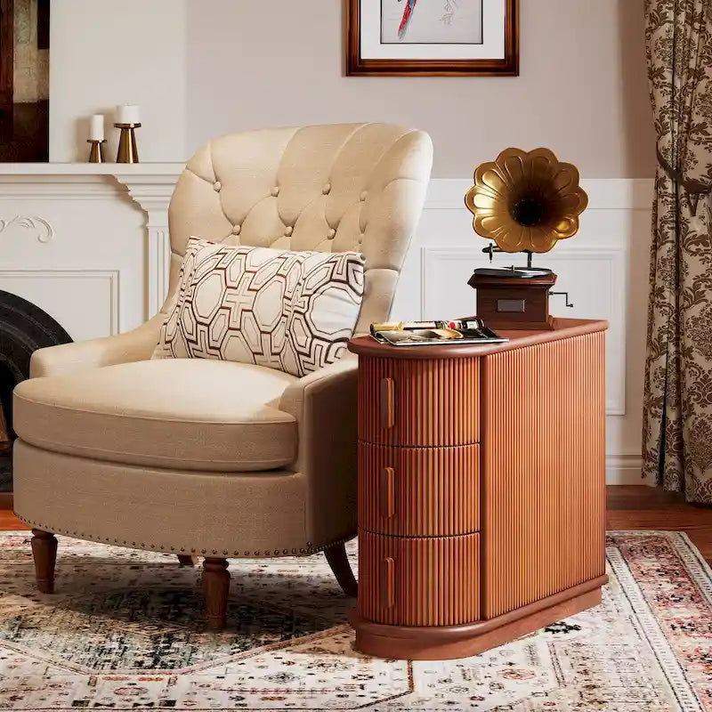 Table d'appoint semi-ovale à 3 tiroirs en bois massif – Noyer / Blanc, détail ligne romaine