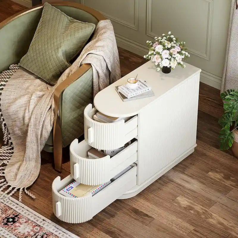 Table d'appoint semi-ovale à 3 tiroirs en bois massif – Noyer / Blanc, détail ligne romaine