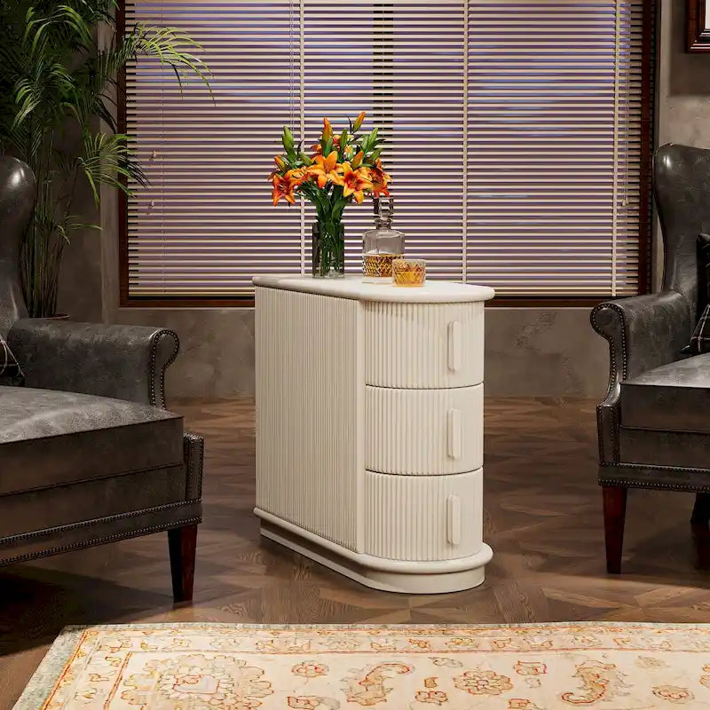 Table d'appoint semi-ovale à 3 tiroirs en bois massif – Noyer / Blanc, détail ligne romaine
