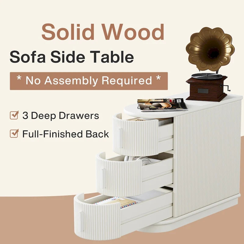 Table d'appoint semi-ovale à 3 tiroirs en bois massif – Noyer / Blanc, détail ligne romaine