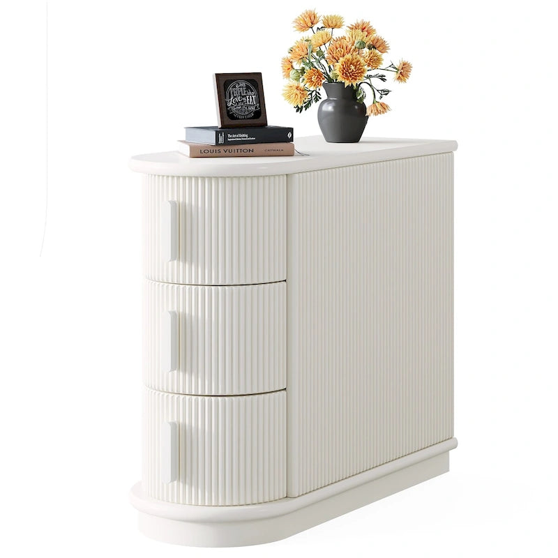 Table d'appoint semi-ovale à 3 tiroirs en bois massif – Noyer / Blanc, détail ligne romaine
