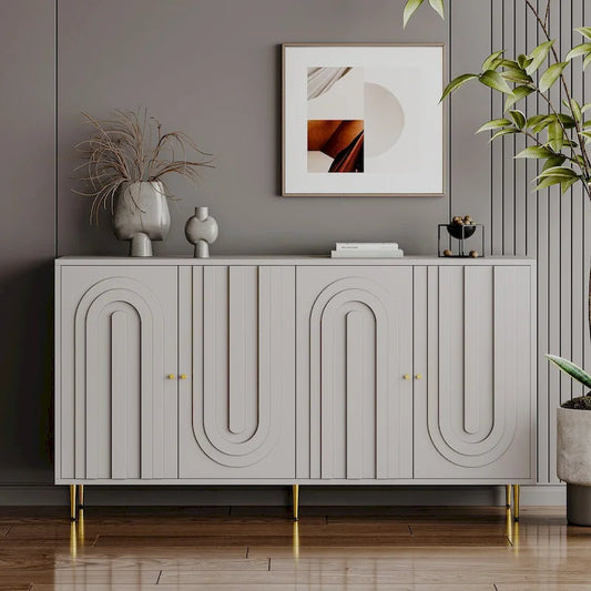Buffet de rangement laqué 4 portes avec étagères réglables – Bleu / Gris, pieds et poignées dorés