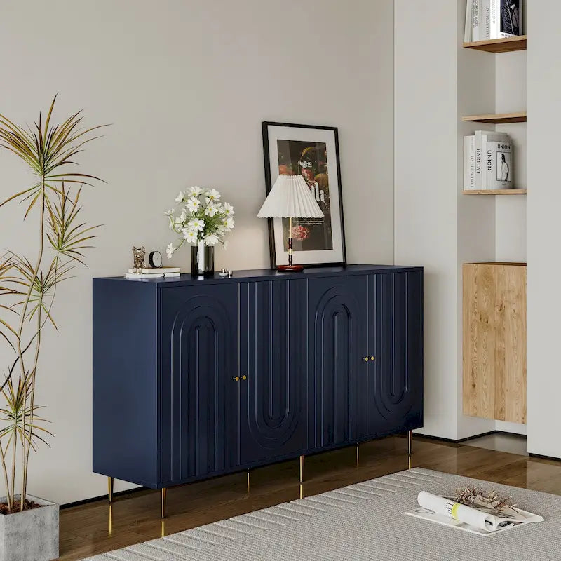 Buffet de rangement laqué 4 portes avec étagères réglables – Bleu / Gris, pieds et poignées dorés