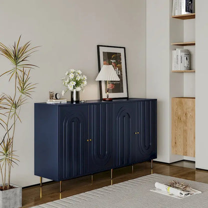 Buffet de rangement laqué 4 portes avec étagères réglables – Bleu / Gris, pieds et poignées dorés
