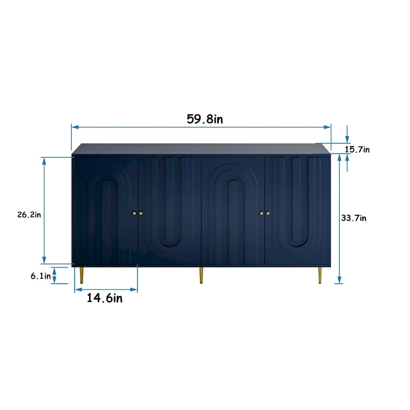 Buffet de rangement laqué 4 portes avec étagères réglables – Bleu / Gris, pieds et poignées dorés